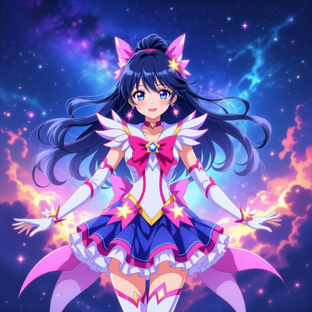 Magical Girl Under Starry Night Sky in Anime Style