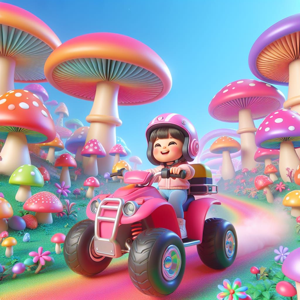 A little girl riding a Pink ATV though the Mushroom Kingdom,...