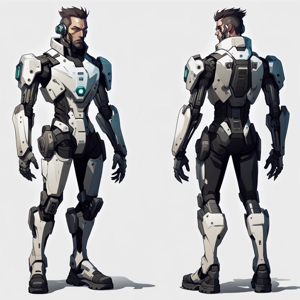 Character concept art, turn_around_sheet, cybernetic, android, male ...