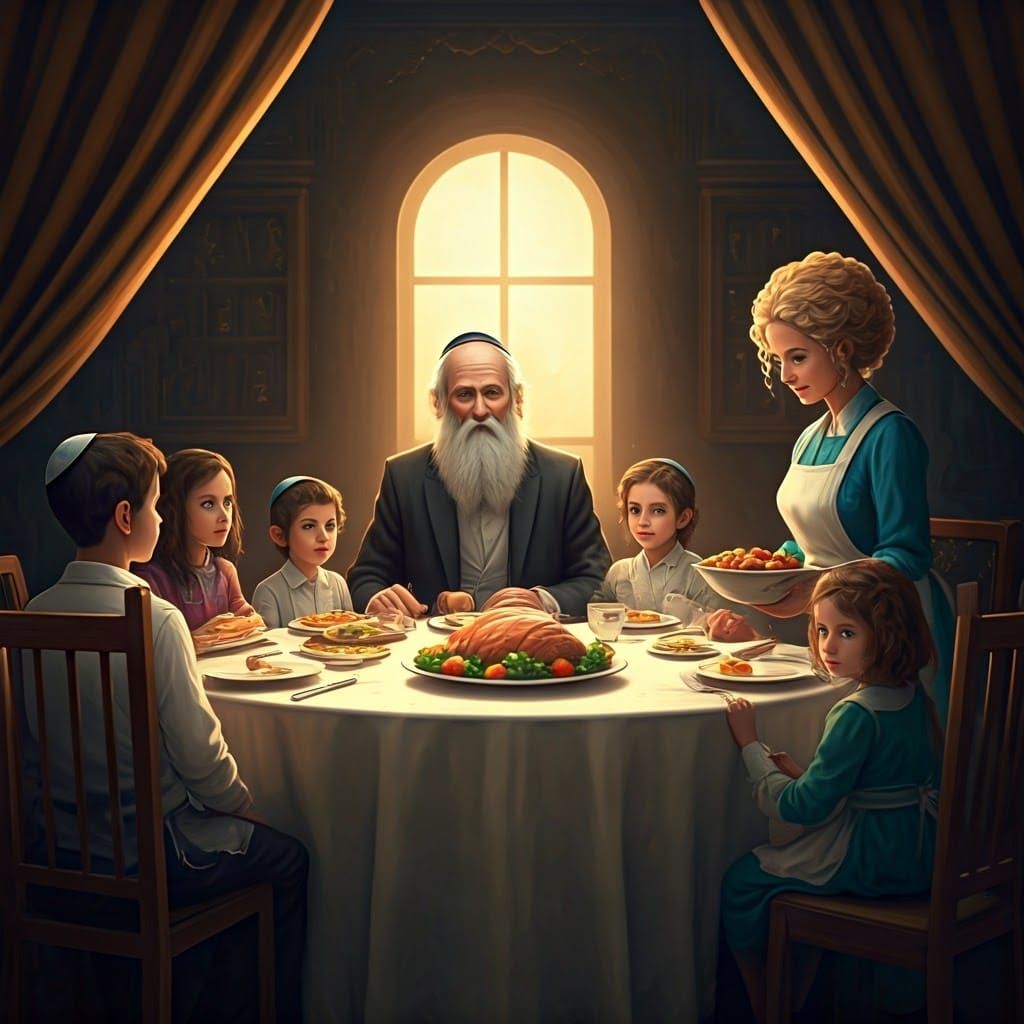 שולחן שבת האבא בראש השולחן ושתי ילדים קטנים  בצד ימין ושתי ב...