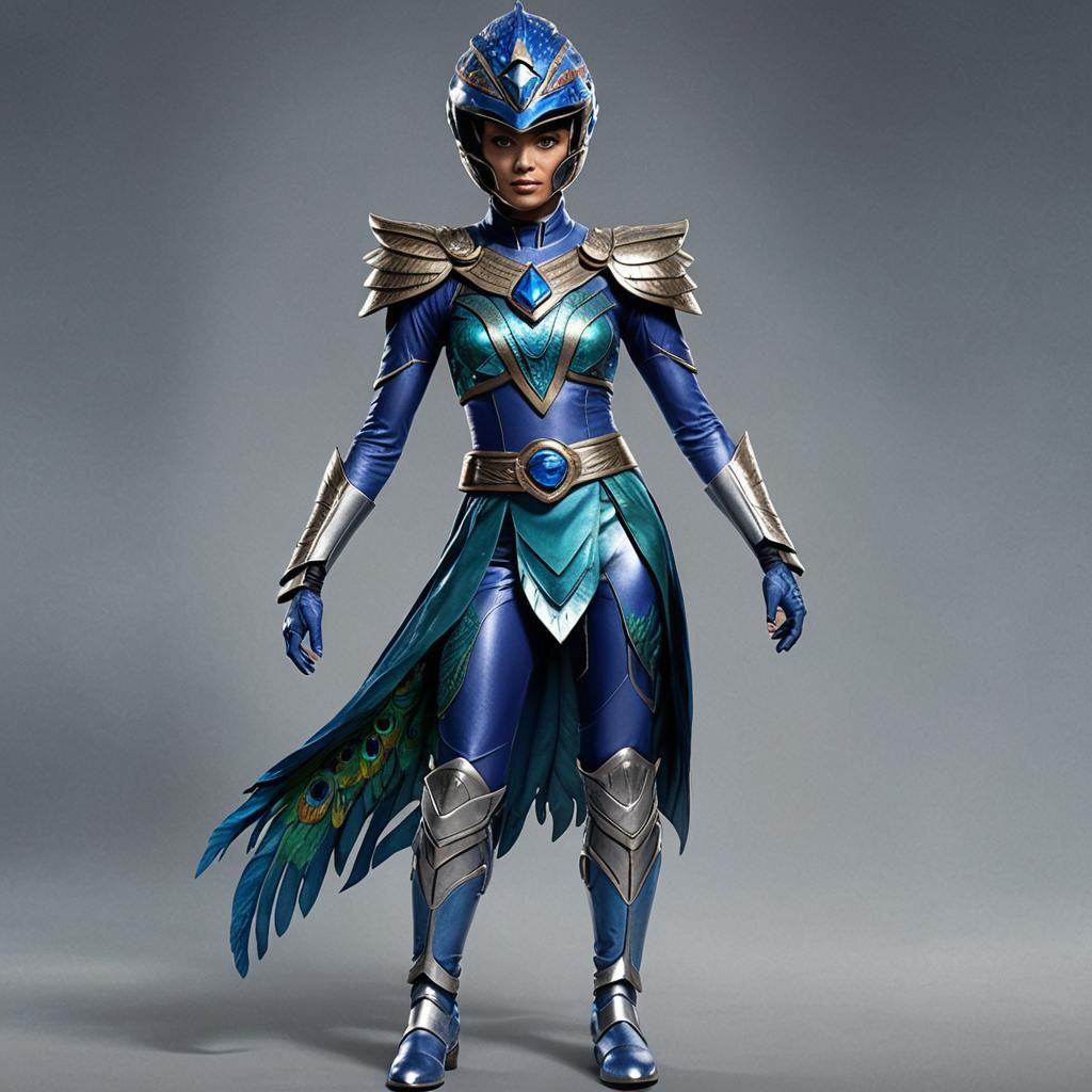 Power Ranger female  A shimmering blue costume with a peacoc...