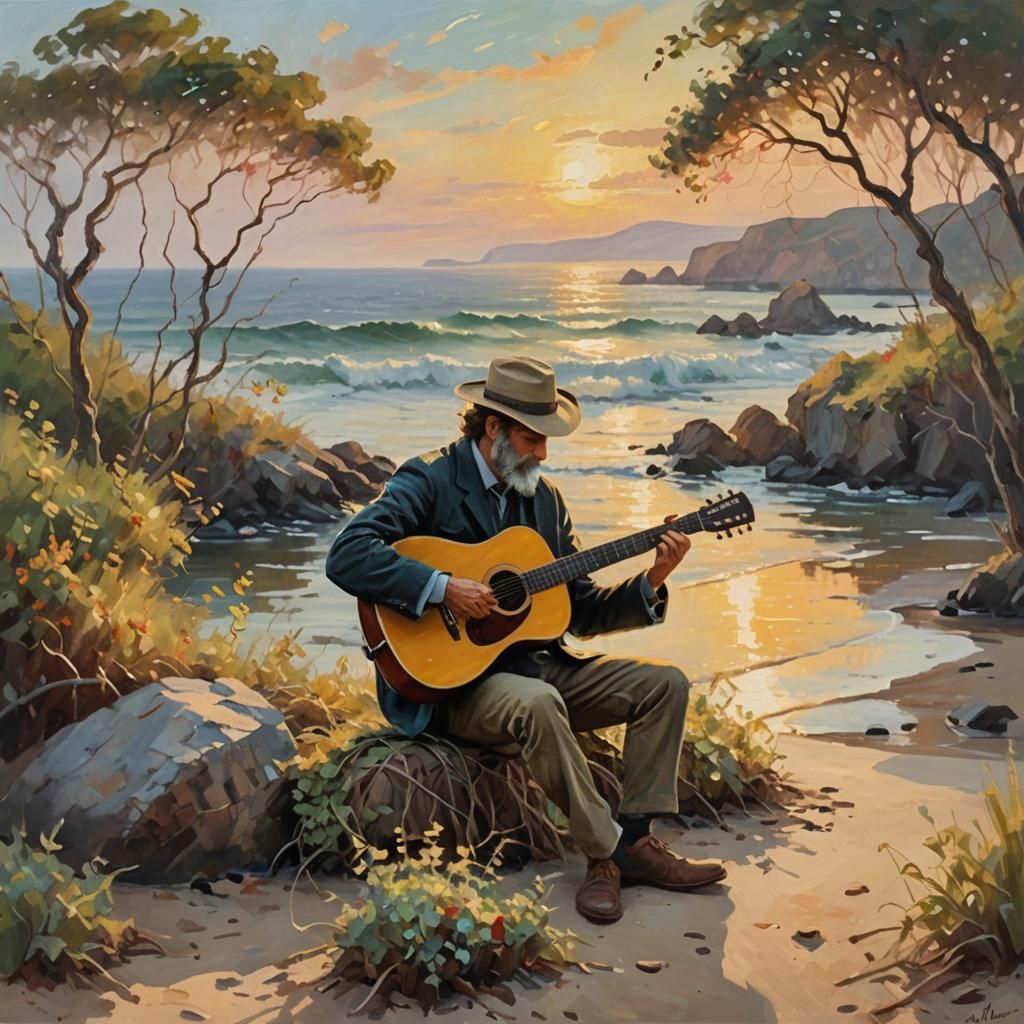 Impressionist Guitarist on Deserted Island Painting