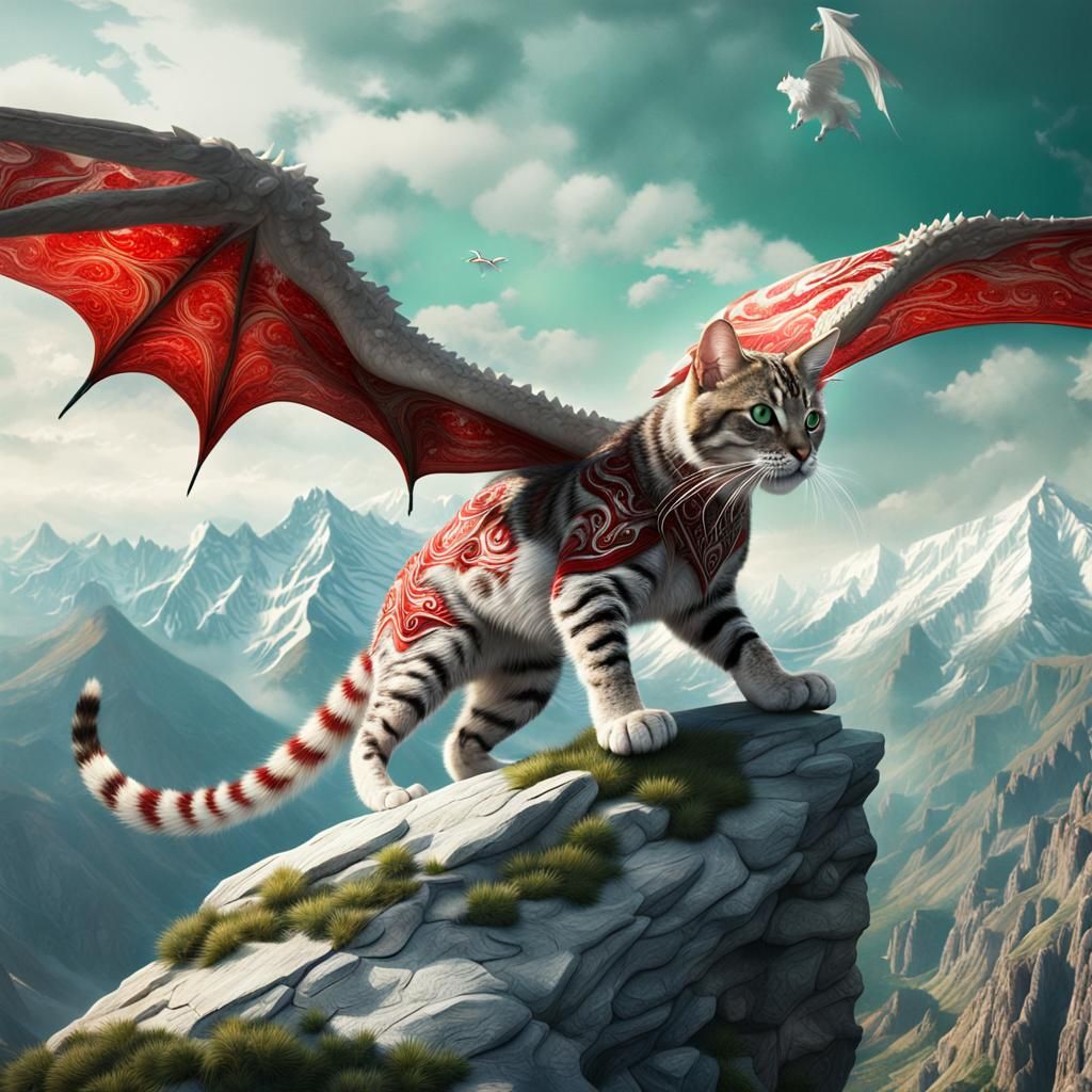 Cat and Dragon Soaring Over Mountains: Digital Matte Paintin...