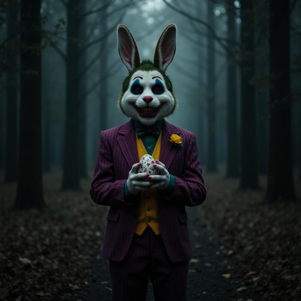 Very creepy realistic horror creation of the Easter bunny fused with the joker as an evil chaotic villain holding an exp...