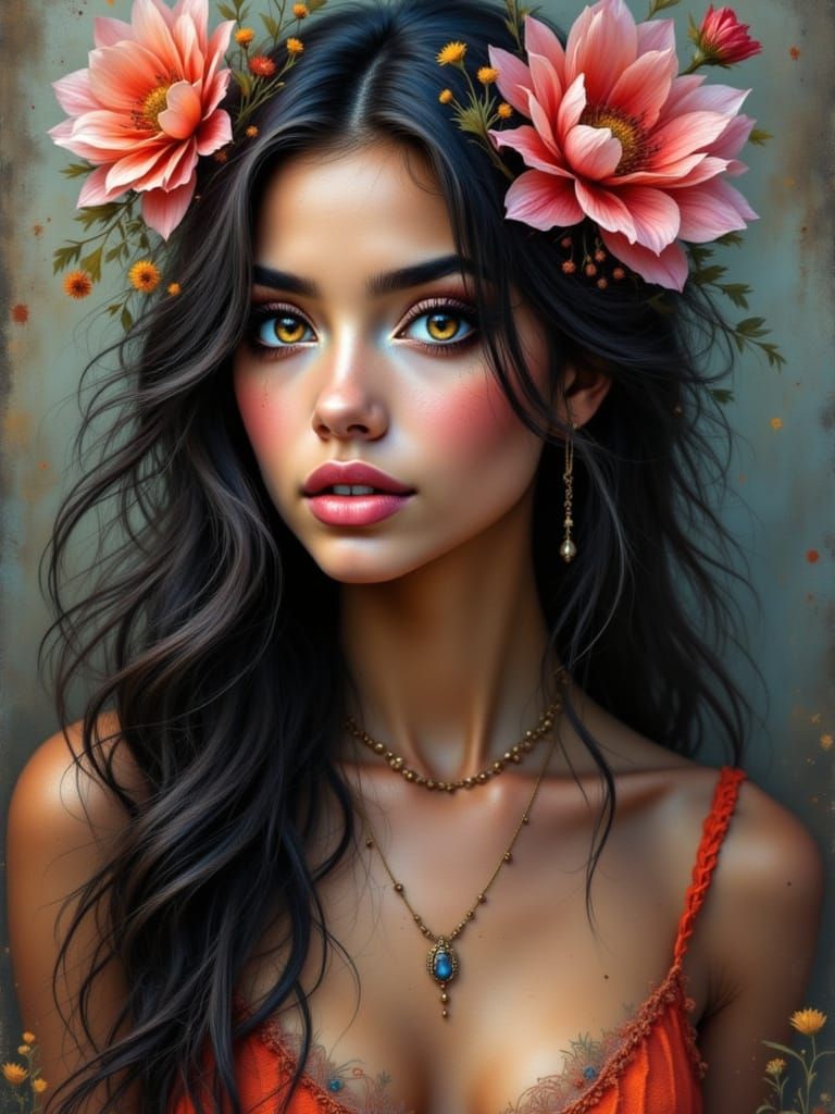 <lora:HRH-petals and paws:1.0> Beautiful long haired Brazilian beauty with flowers in her hair, grunge