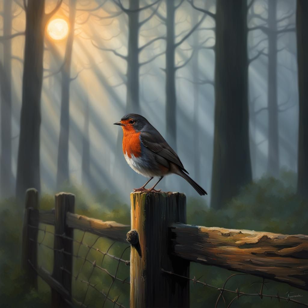 A robin sitting on an old country fence post in a very bright, but foggy forest, the light illuminates ...  by @Frazer-Hambrick