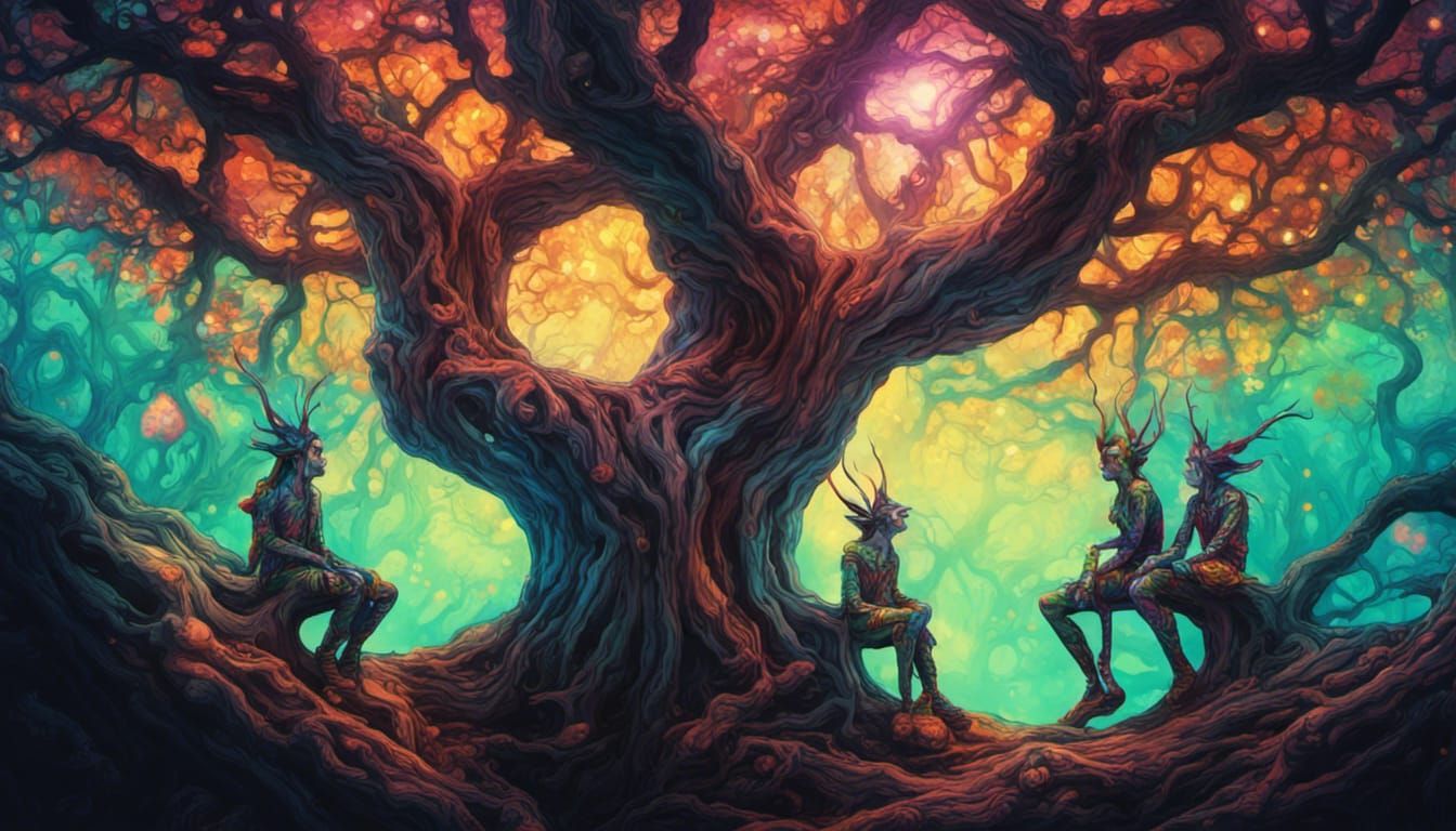 playful psychedelic wood elves sitting on tree branches in p...