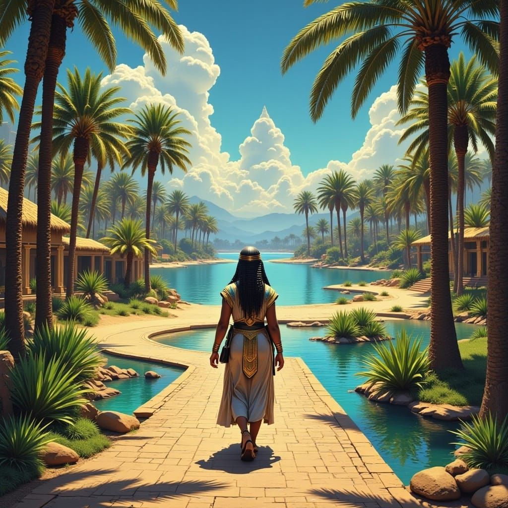 <lora:Egypt Synth Flux:1.0> A priestess walking down an path lined by water on either side and palm trees
