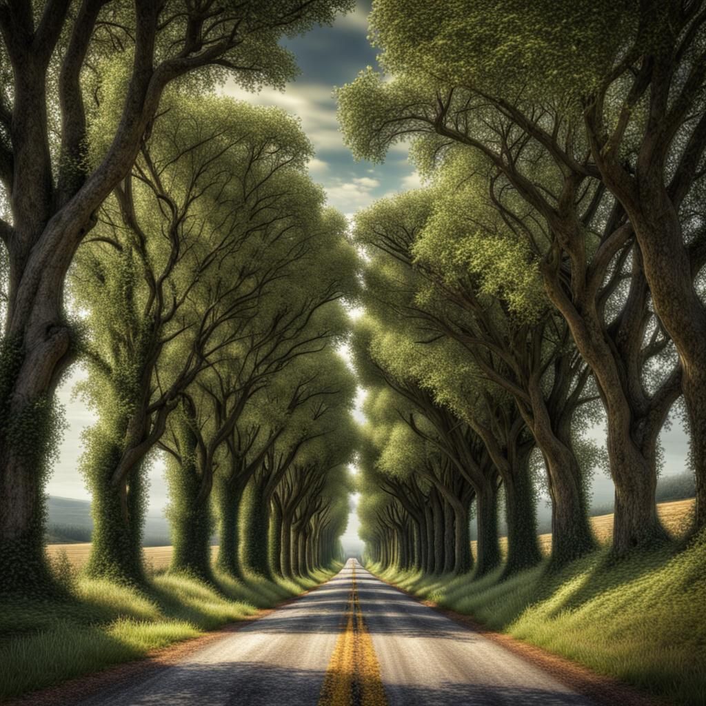 A country road with trees creating a tunnel  by @Barnet Boy