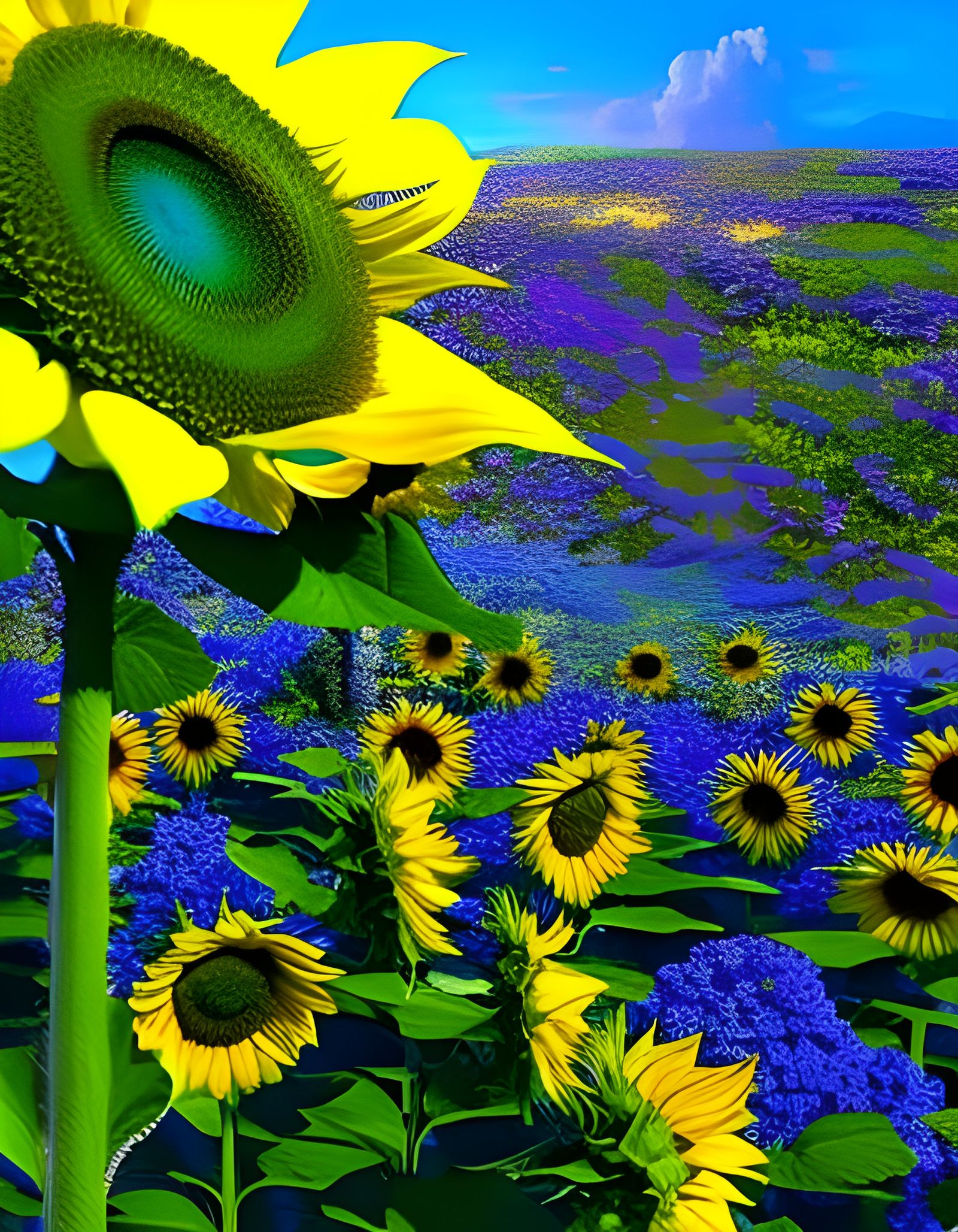 Sunflower Garden with Blue Butterflies: Photorealistic Digit...