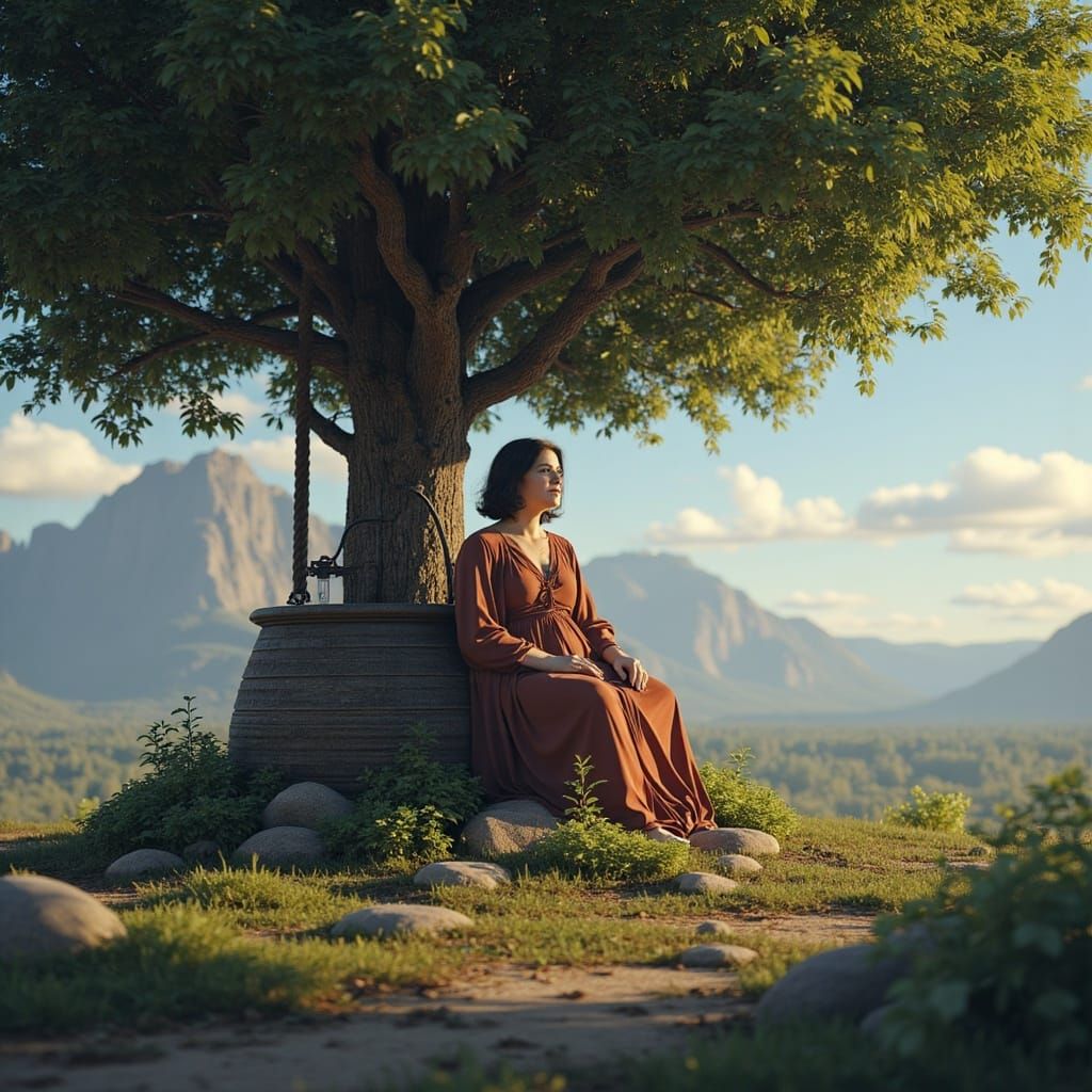 Portrait of <lora:My:1.0> sitting beneath tree of life, with well of wisdom beside her. 