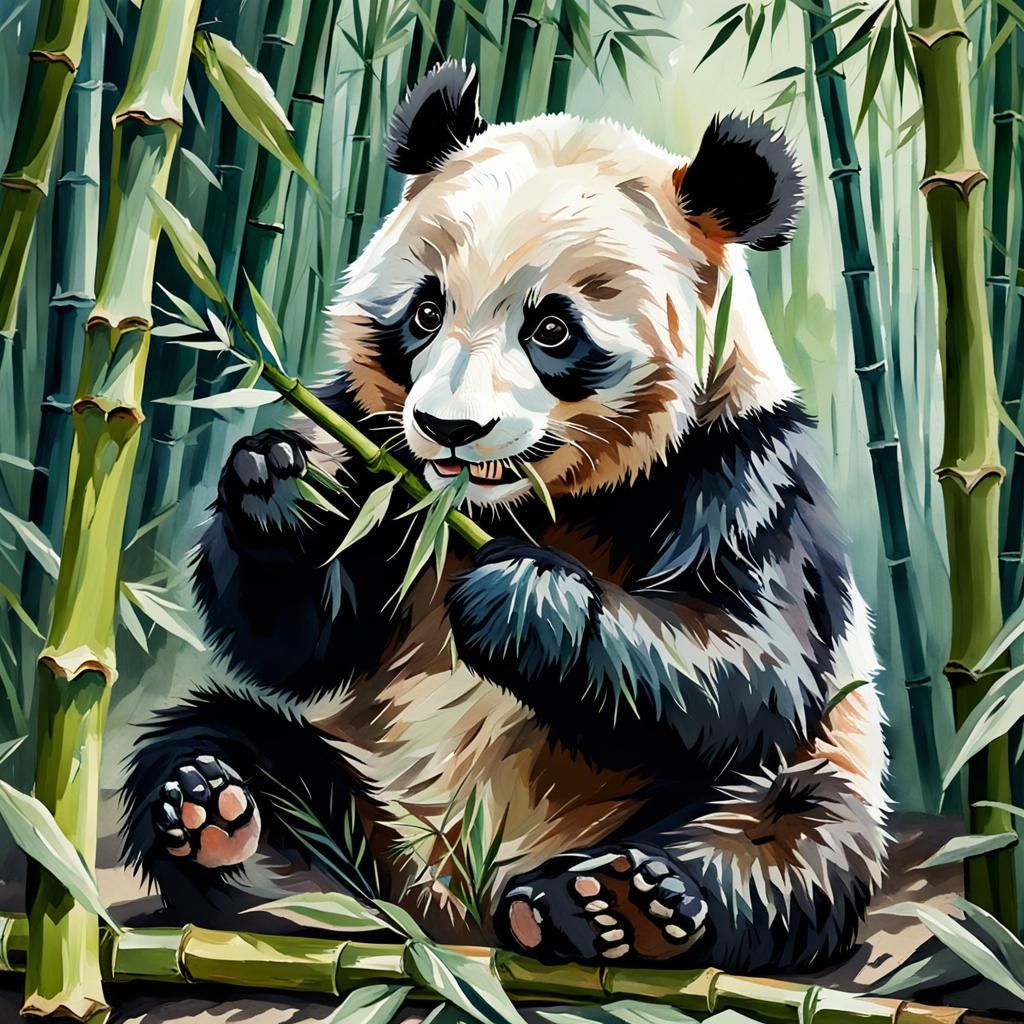 Adorable Panda eating Bamboo, masterpiece of Art, trending o...