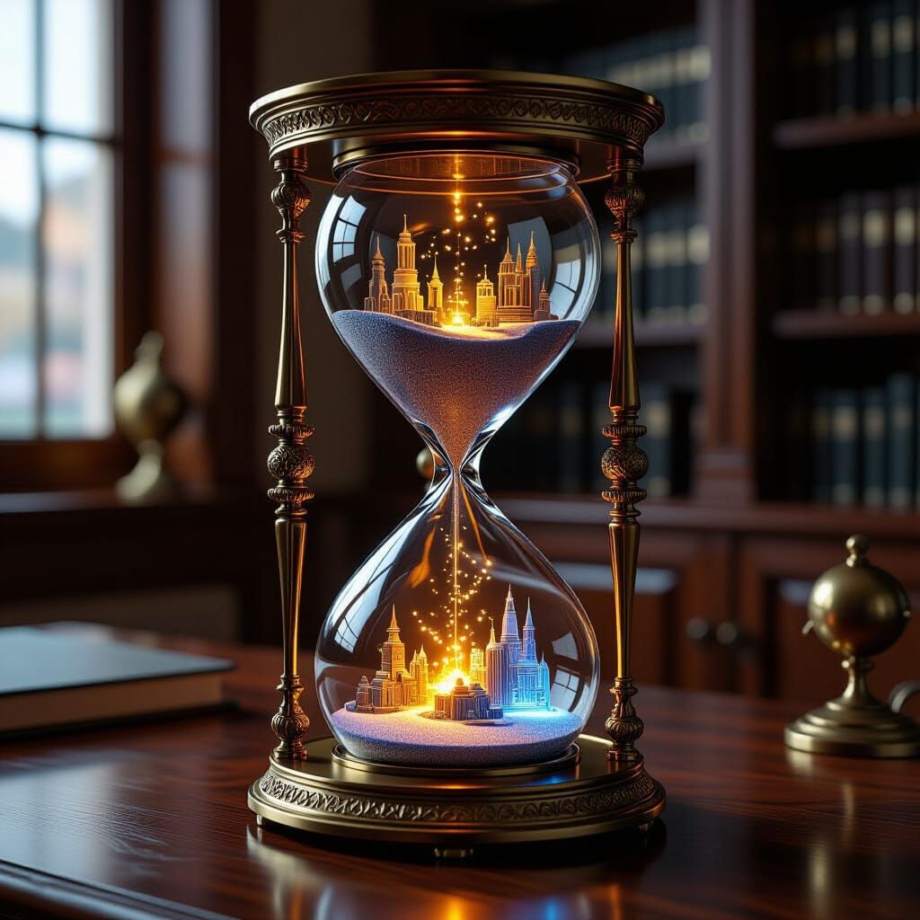 Hourglass with Glowing Scenes in Digital Art Style
