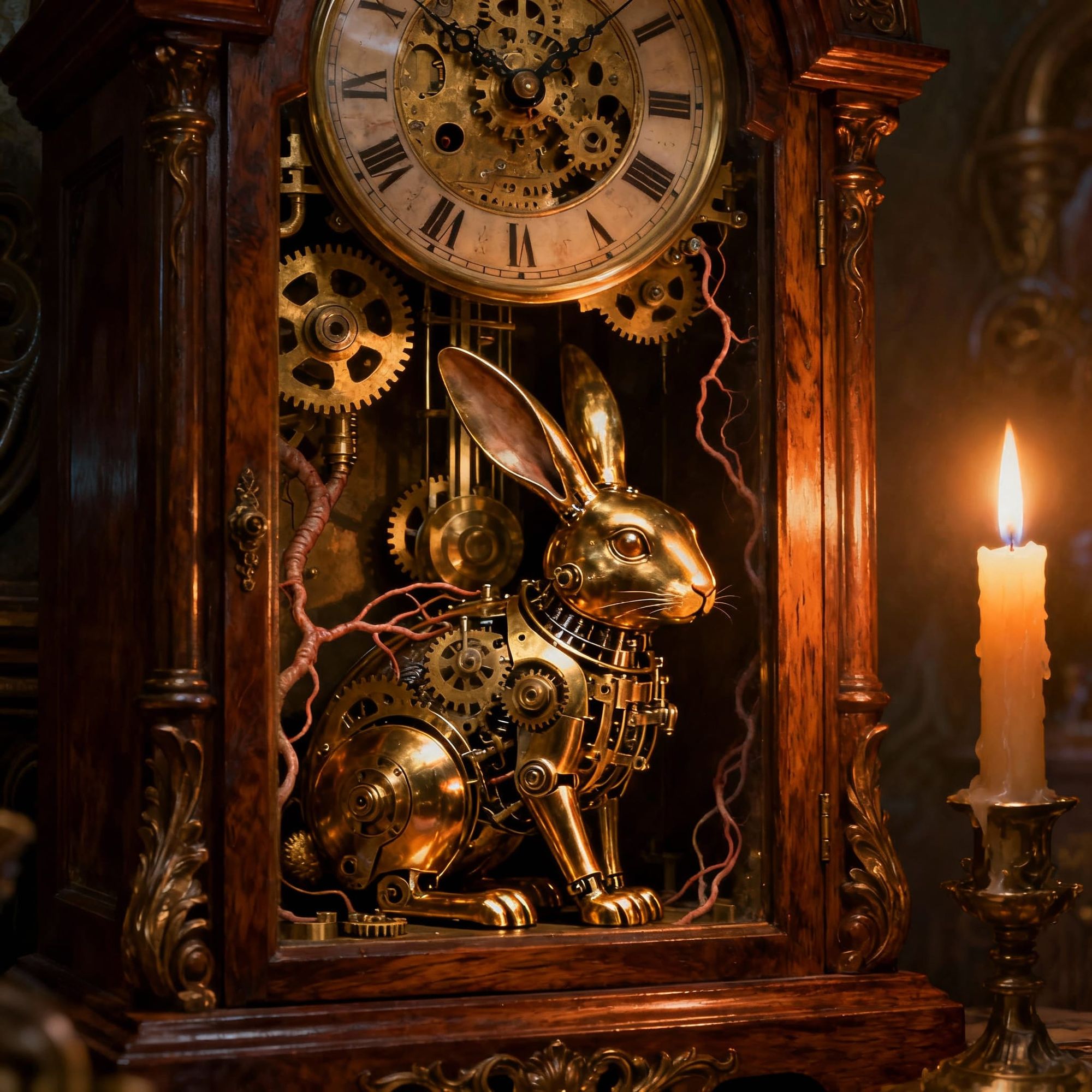 Mechanical rabbit hides inside an antique clock.
Brass gears shift under warm flickering light.
Intricate mechanics intertwine with biologic...
