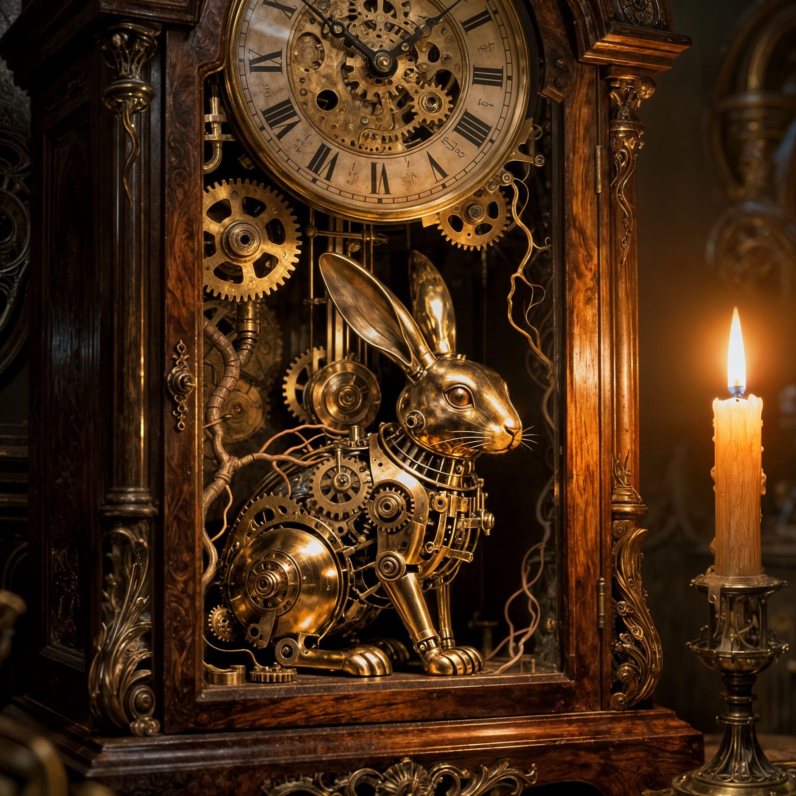 Mechanical rabbit hides inside an antique clock.
Brass gears shift under warm flickering light.
Intricate ...  by @KomBib