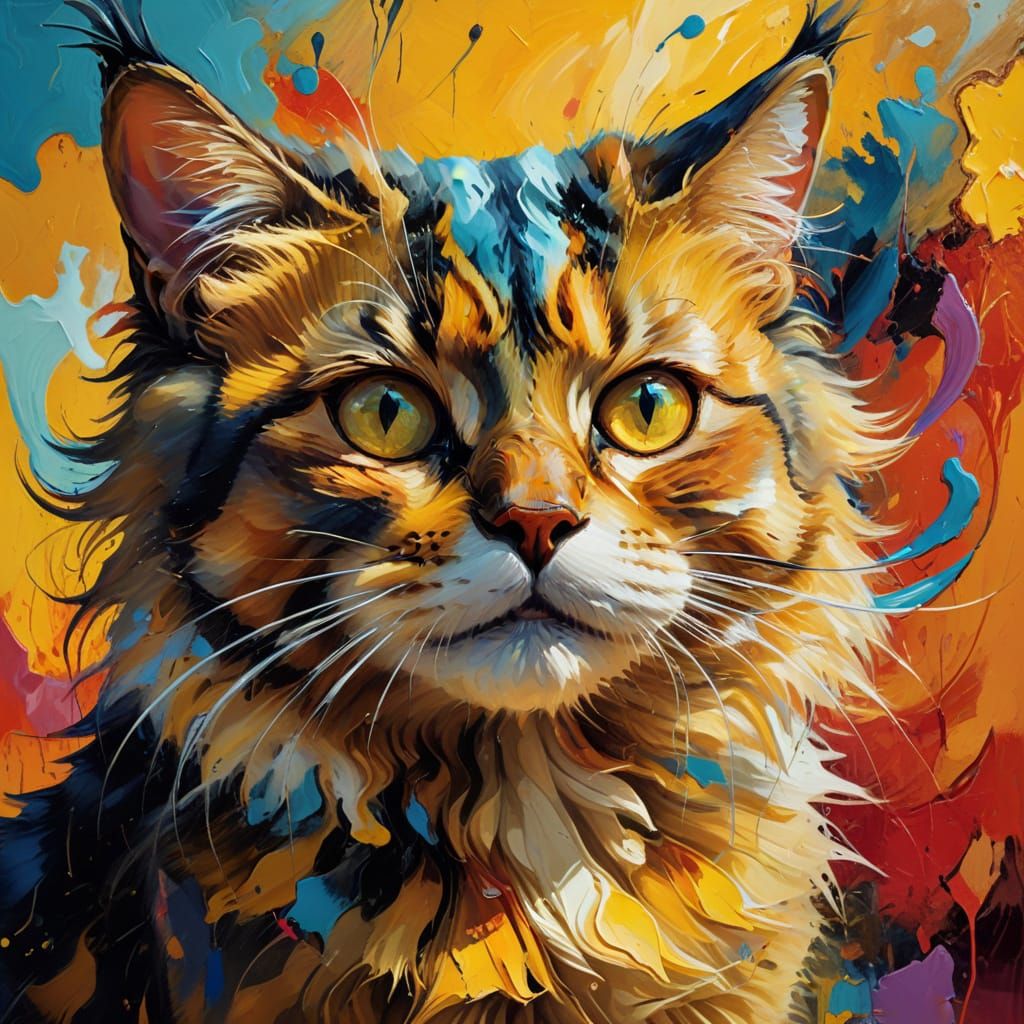 Surreal Cat in Vibrant Oil Painting with Triadic Colors