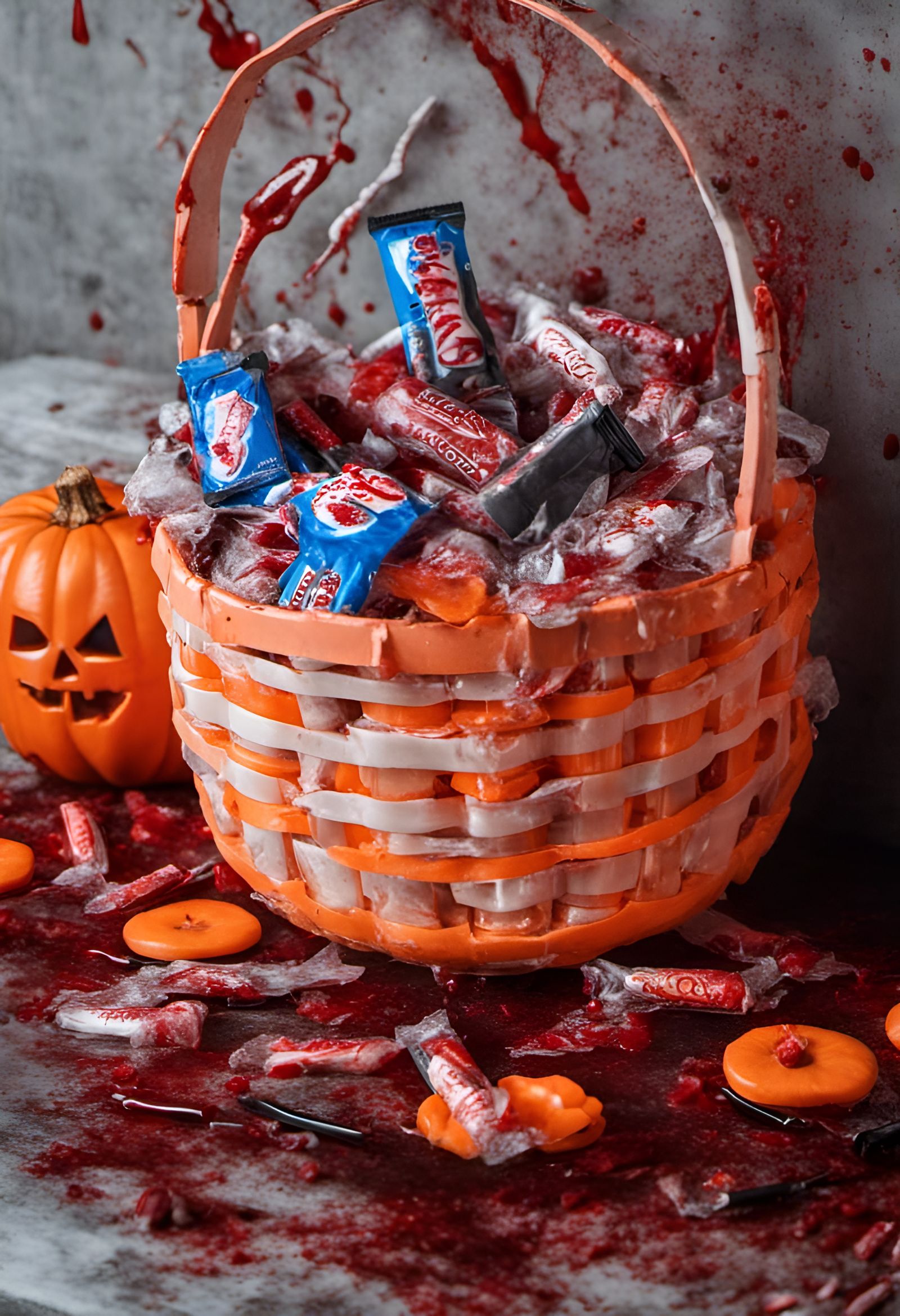 Halloween candy in basket razor blades blood gory 8k resolution horror