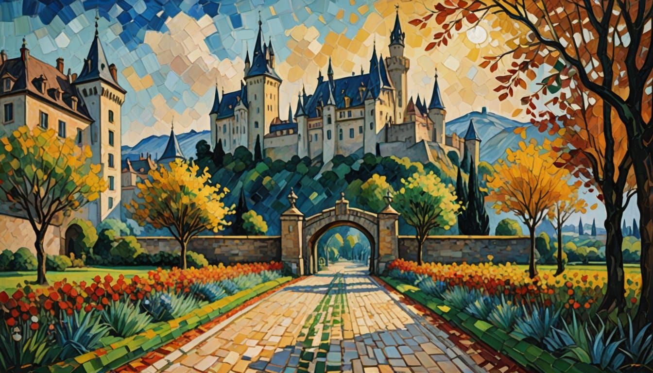 Neo-Expressionist Masterpiece: Vibrant Castle and Golden Val...