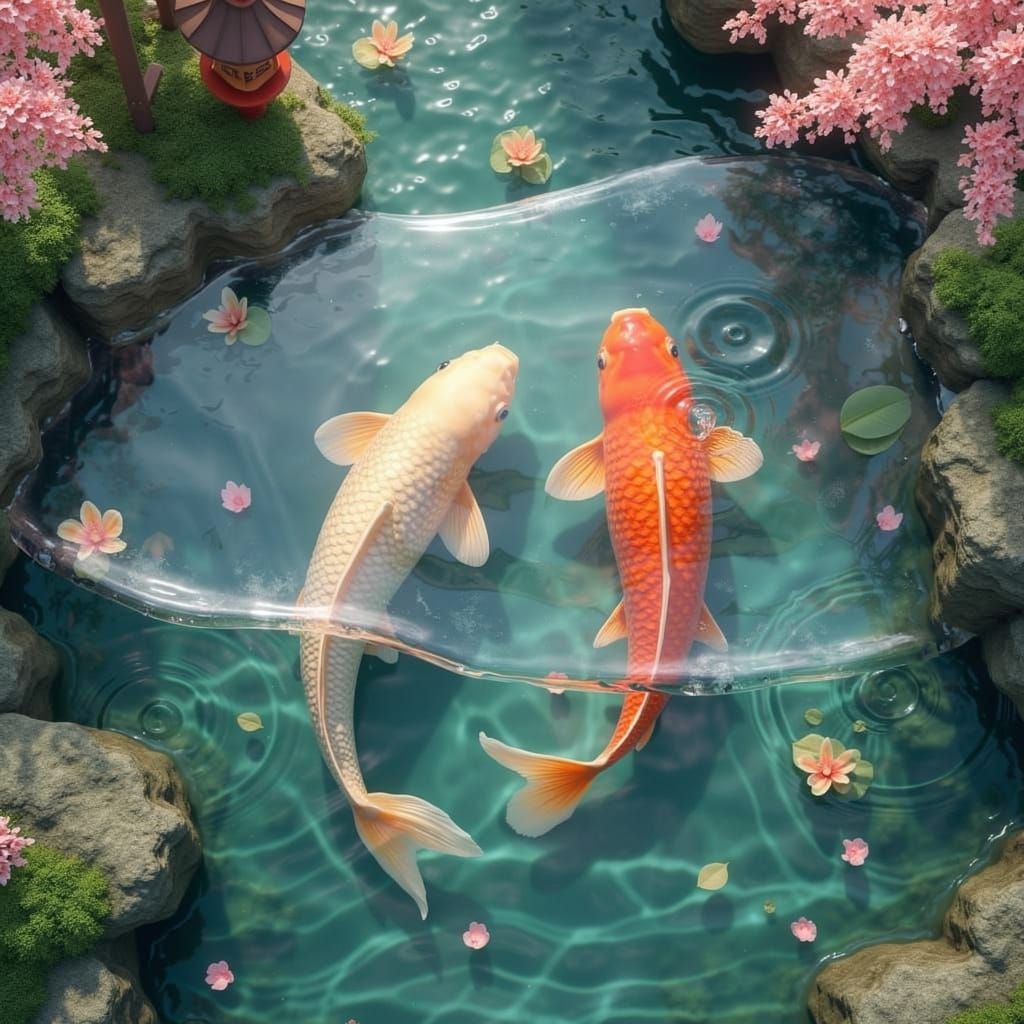 Serene Underwater Japanese Koi Pond with Floating Petals