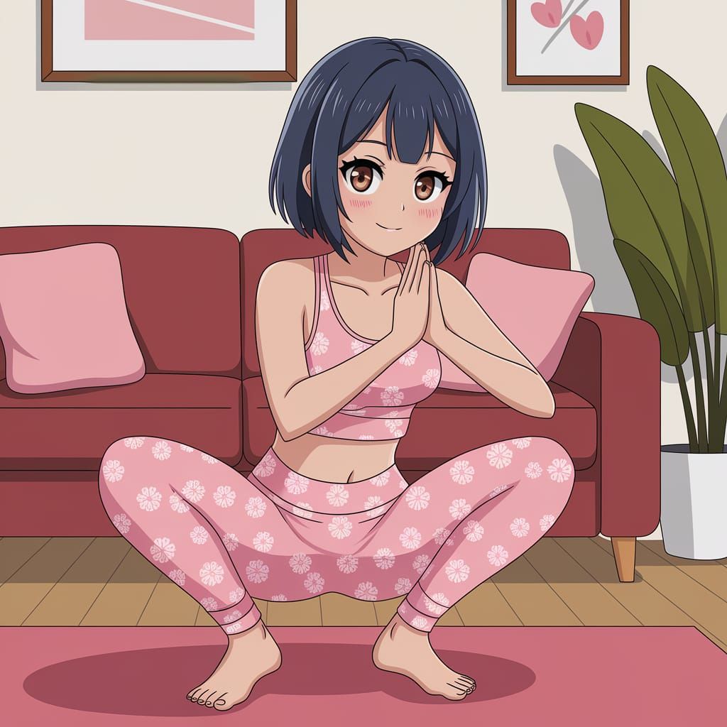 Anime Woman Doing Squats in Sakura Yoga Outfit