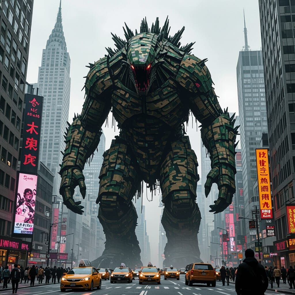 Monster that moves around a city, taller than buildings