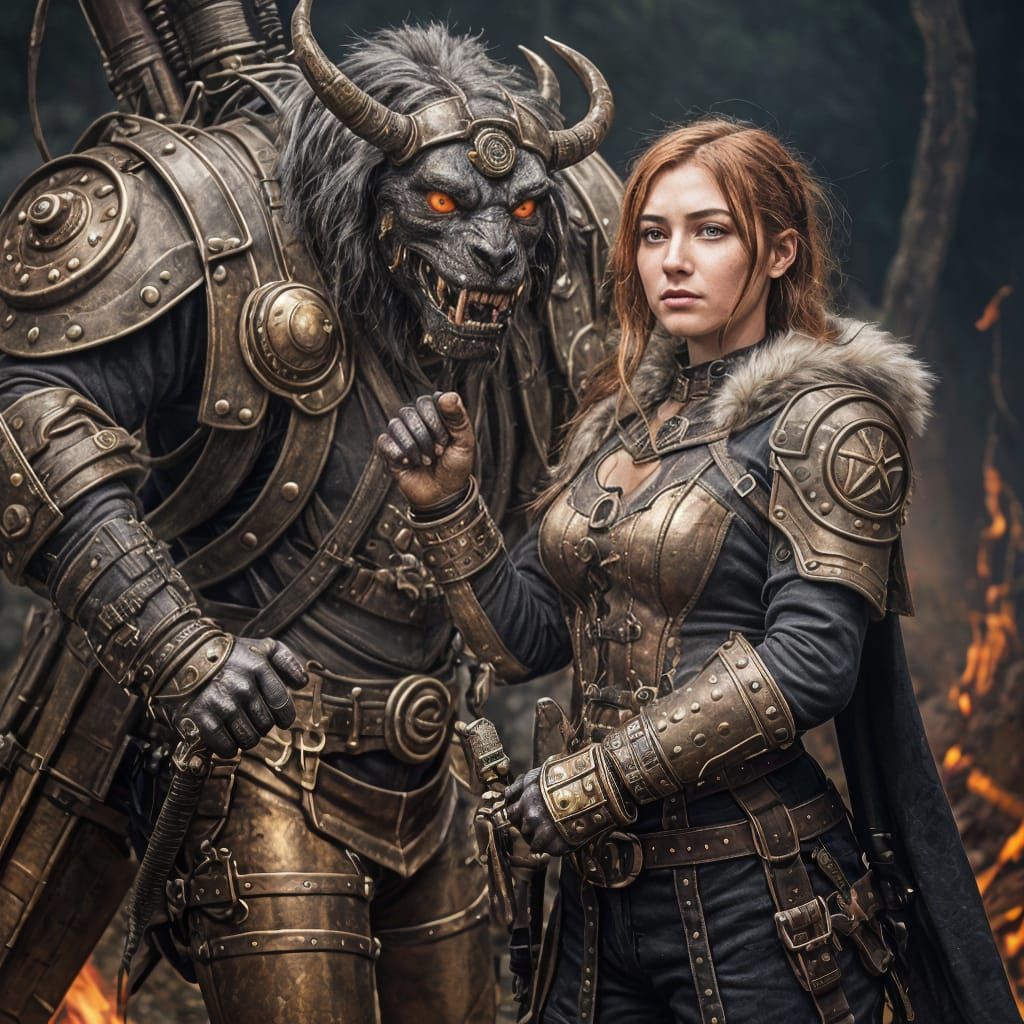 Steampunk Warrior and Her Fierce Demon Companion