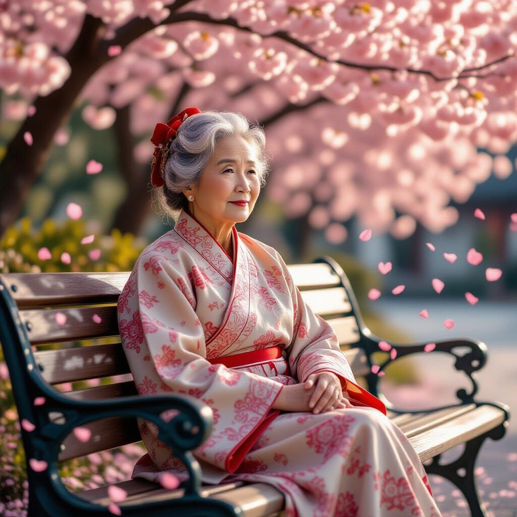 An elderly Chinese woman sits peacefully on a park bench, surrounded by cherry blossoms in full bloom. ...  by @Teresa Chong