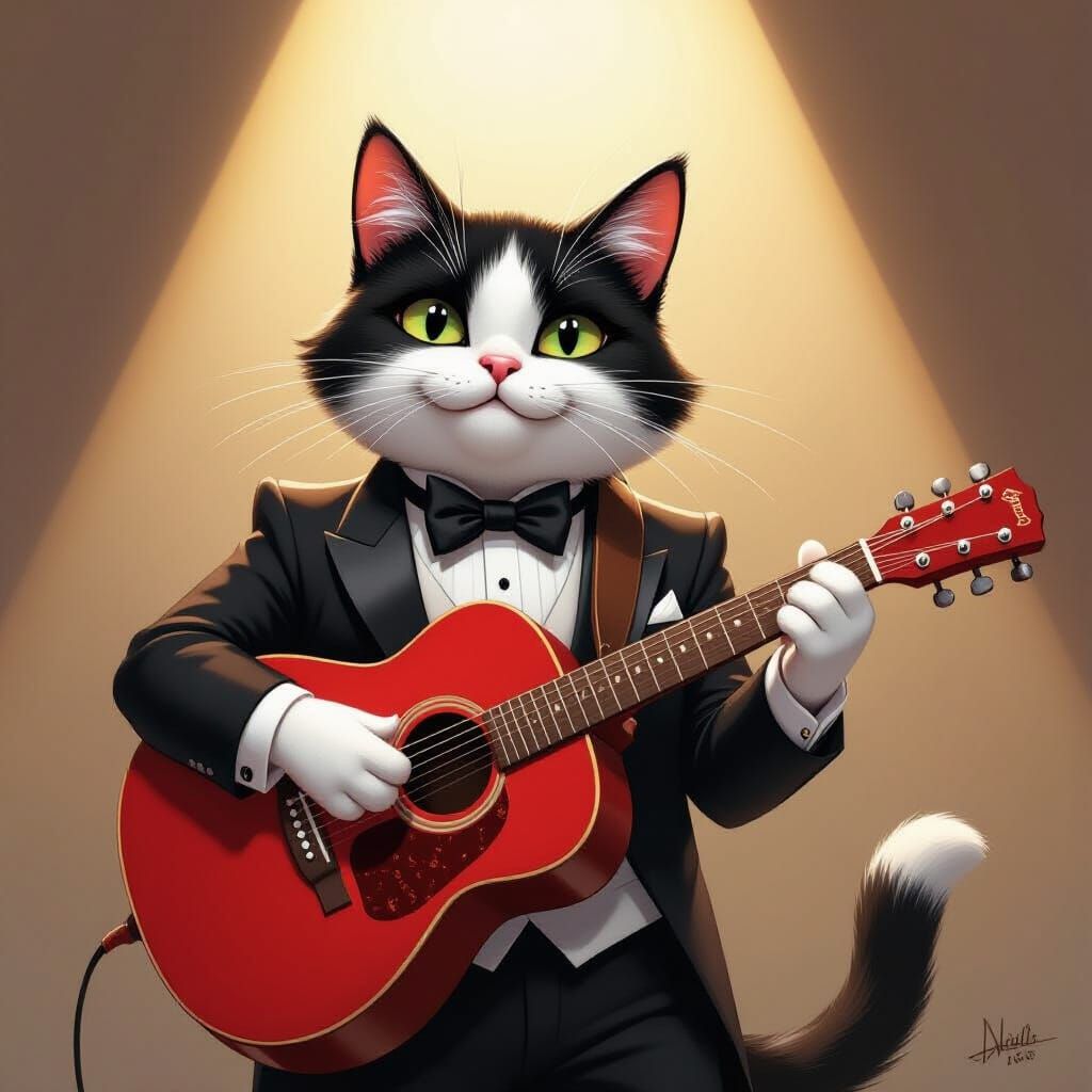 Anthropomorphic Cat Musician Playing Guitar
