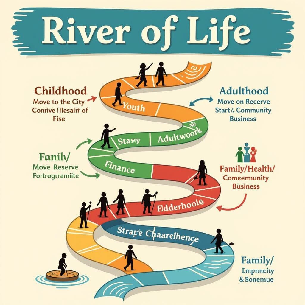 Board Design

The board is a spiraling path representing a River of Life — winding through key stages:
Childhood → Youth → Adulthood → Elder...