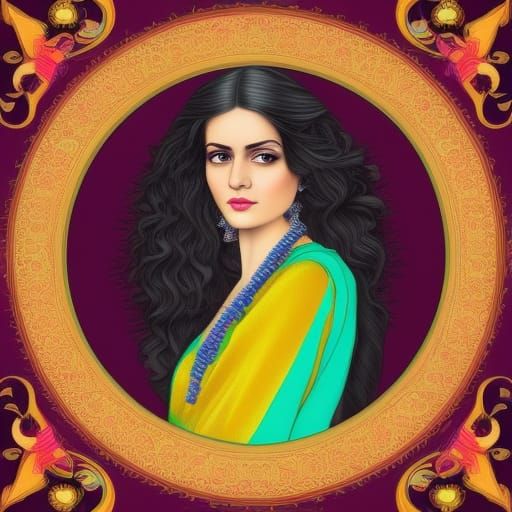 Beautiful woman with curly long dark hair in a sari bright c...