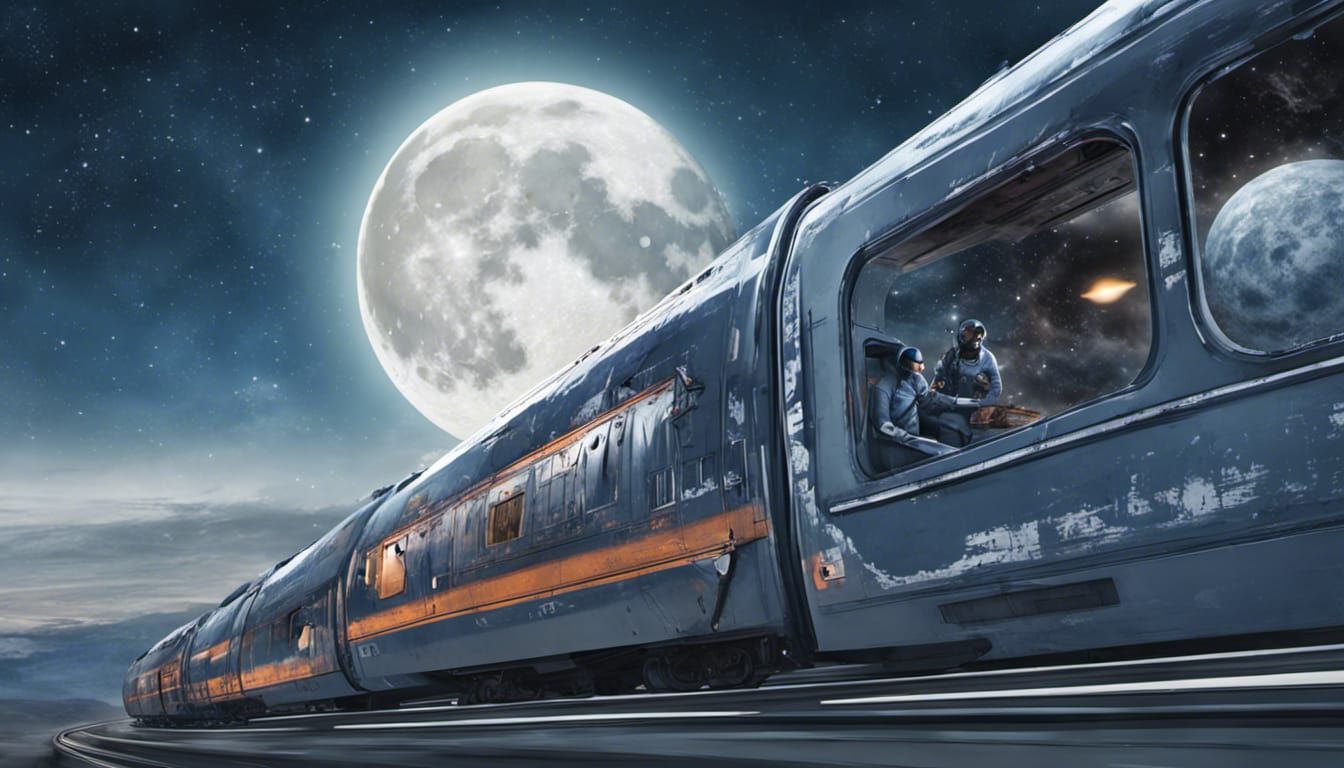 Space train passing through blue moon