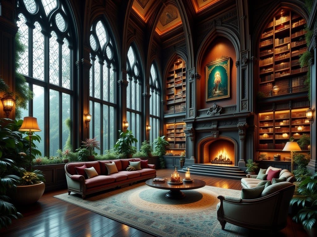 Luxurious Gothic Revival Penthouse Living Room in Hyperreali...