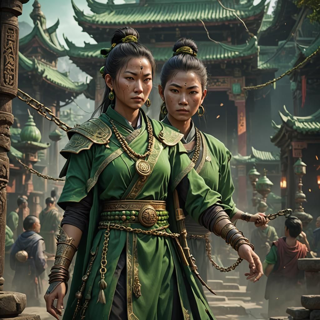 Asian Female monk in green robes usinga spiked chain