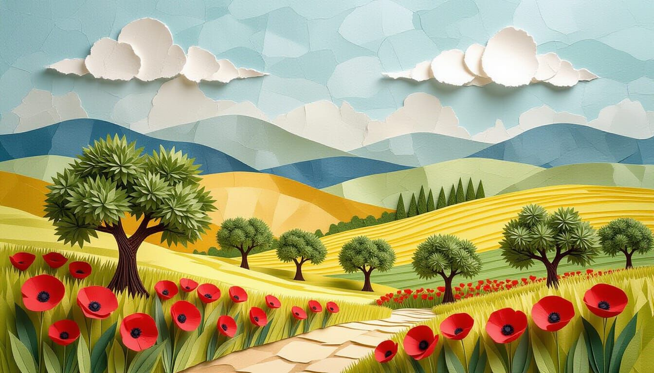 Olive trees and poppies reborn from paper, swaying in a breeze that lives only in memory.  by @Marcia Creates