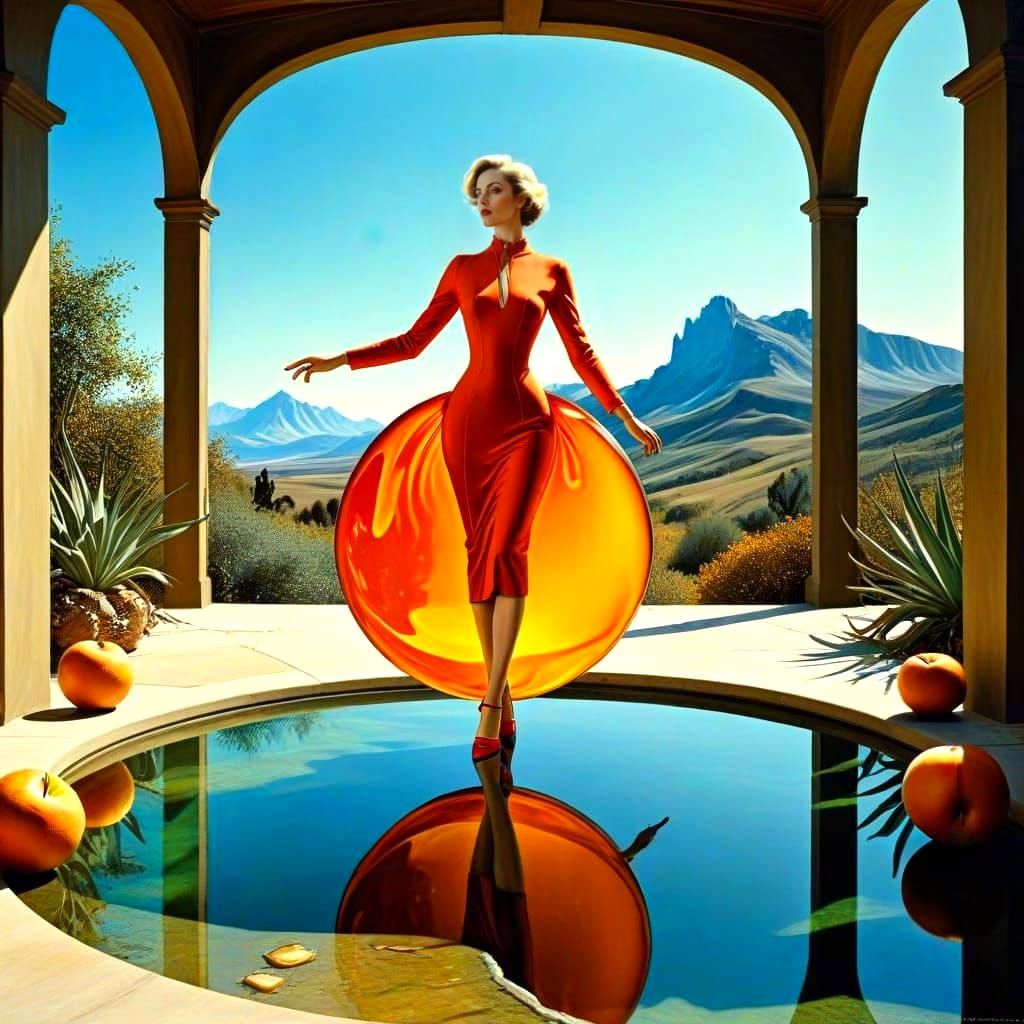 Elegant Lady in Surreal Landscape, Photorealistic Style