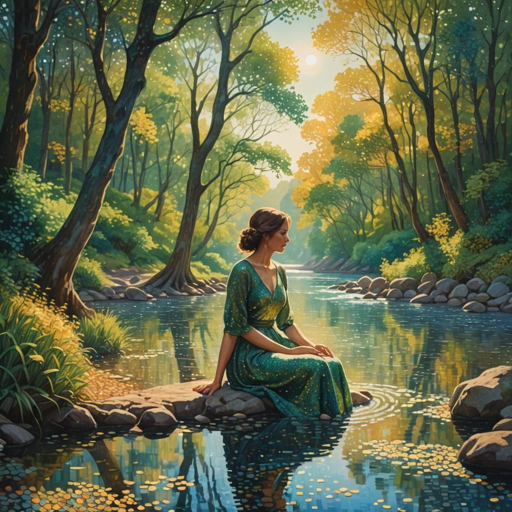 Design a captivating pointillist artwork that features a person immersed in nature. Picture a young woman sitting by the edge of a tranquil...