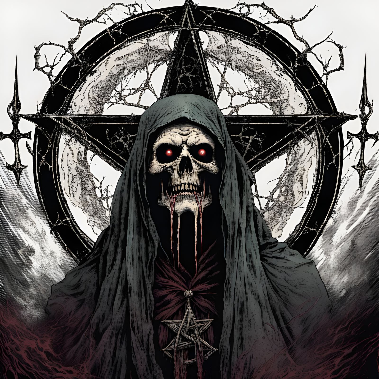 Necronomicon pentagram,cross,Satanism ritual,in the style of...