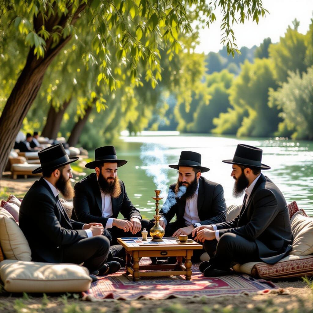 Ultra-Orthodox Men Relaxing by Jordan River, Professional Ph...