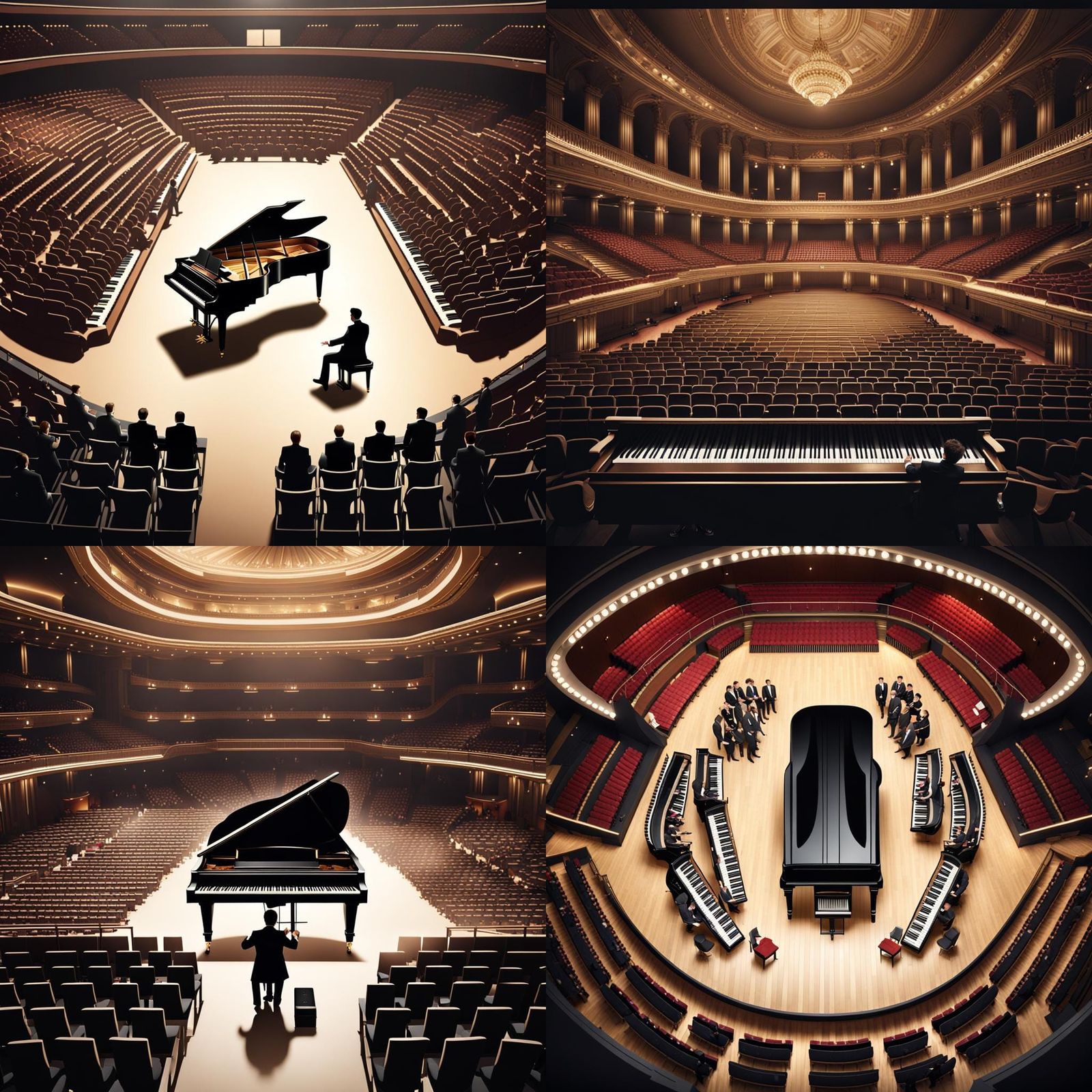 a grand piano with a pianist in a massive concert hall, top ...