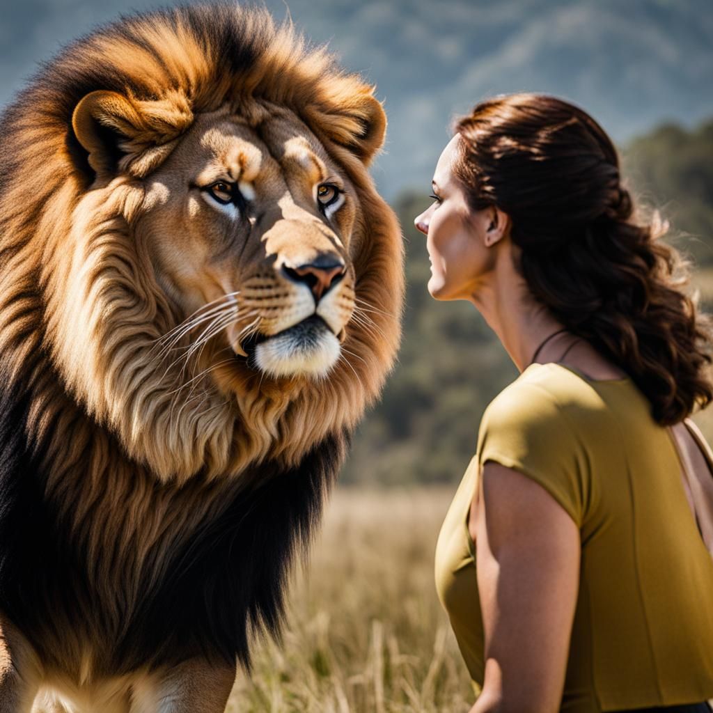 Woman Amazed By A Lion - Ai Generated Artwork - Nightcafe Creator