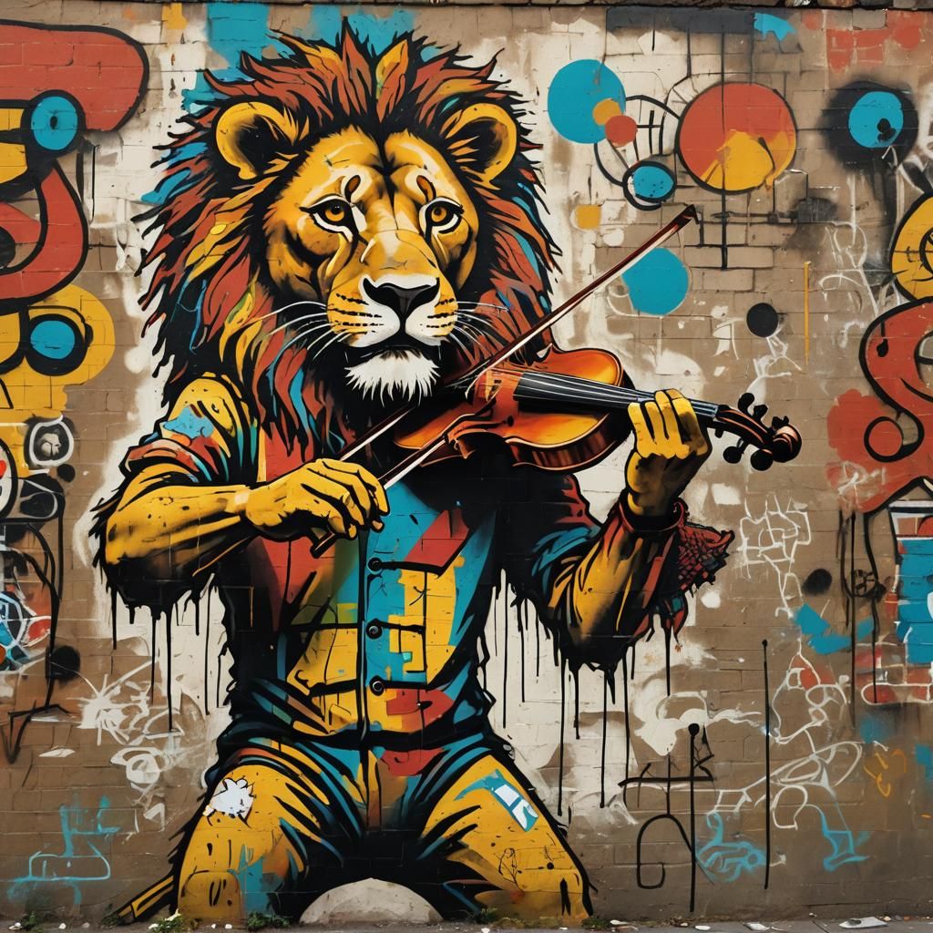 Lion Violinist in Vibrant Street Art Style