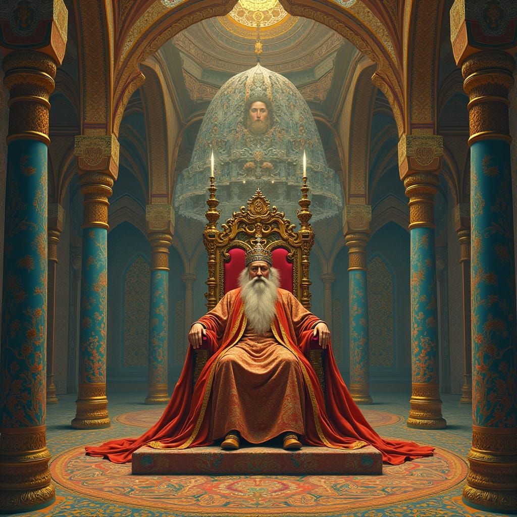 Majestic King in Vibrant, Middle Eastern-Inspired Dreamscape