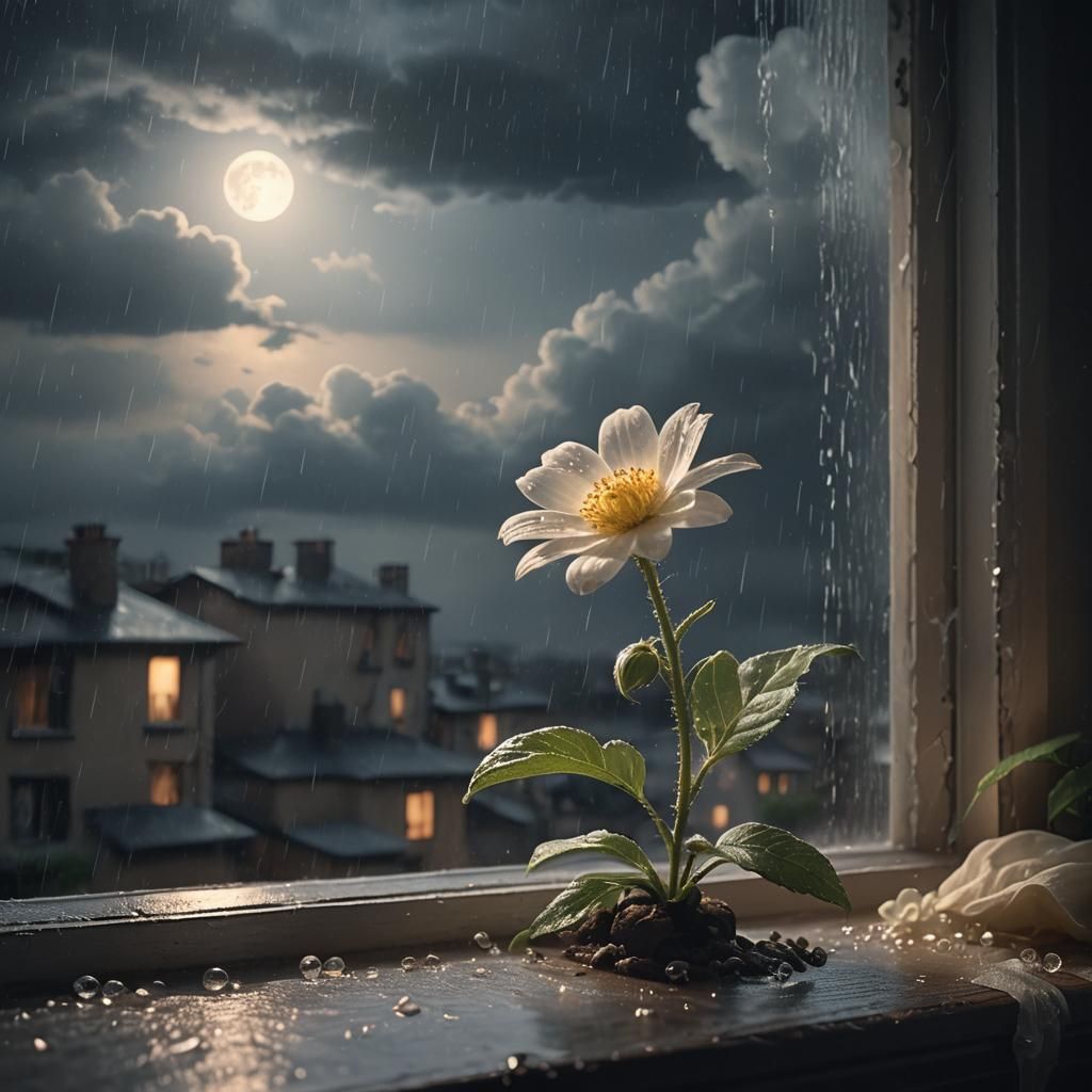 a flower. rain, realistic, moonlight, clouds, ring, open window, smoke  by @undefined