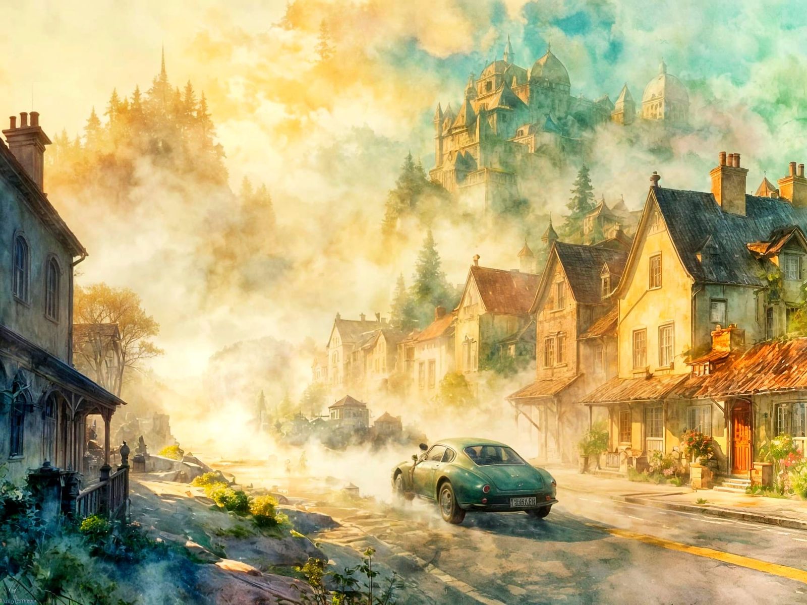 Fantasy Watercolor Dreamscape With Urban Contrast