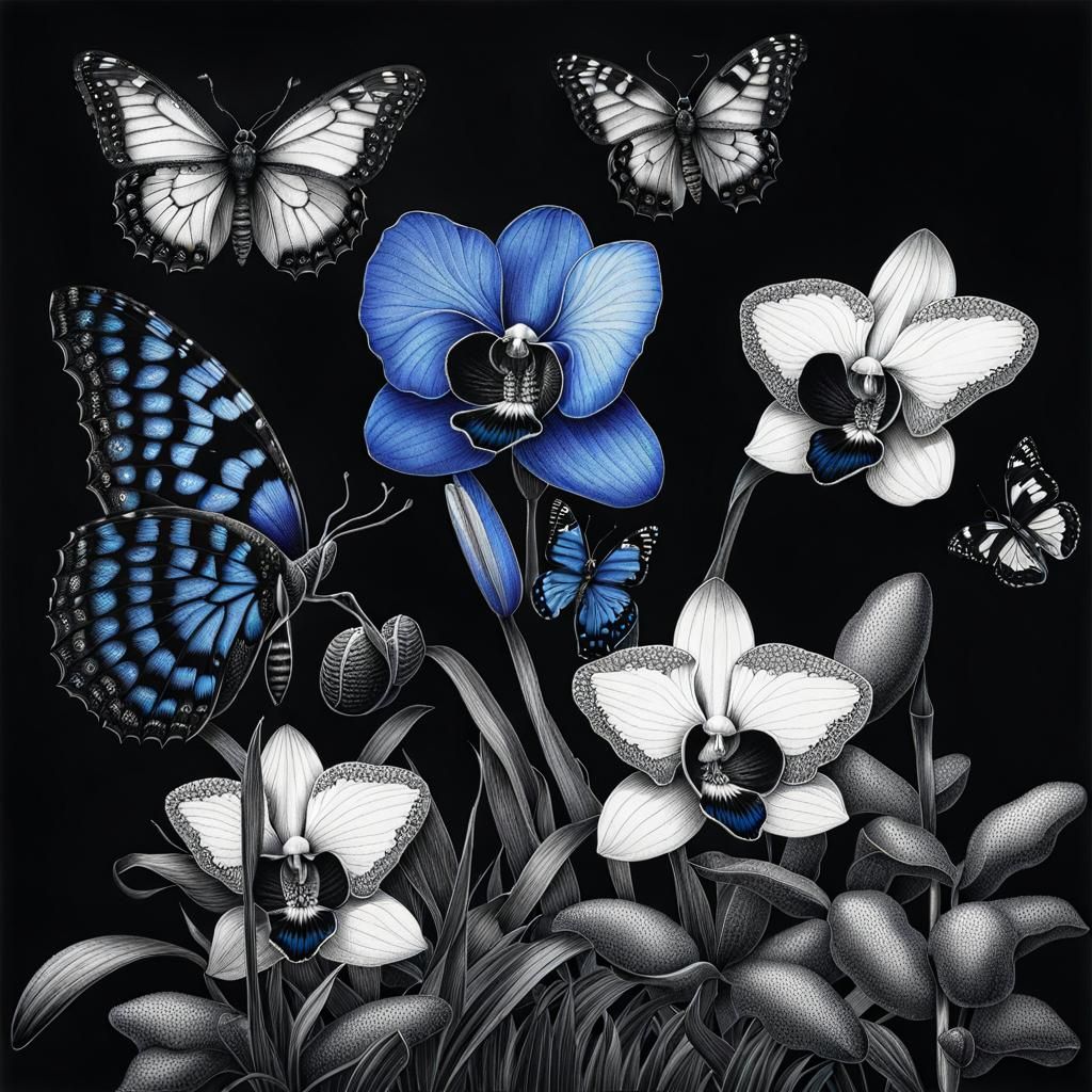 Strange flowers Botanicals Black ink stipple texture Botanic...