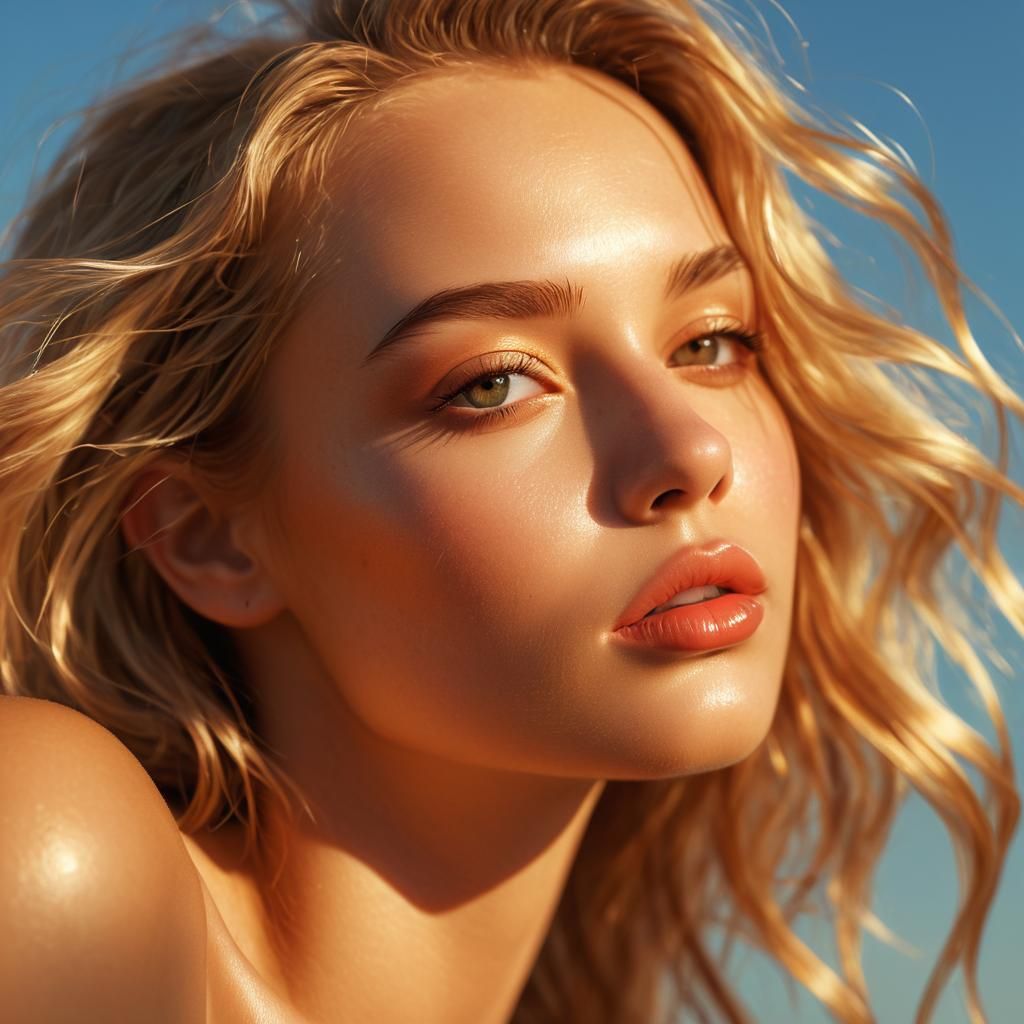 Hyper-realistic portrait photography. Close-up. A stunning model with glowing, sun-kissed skin and full lips gazes into ...