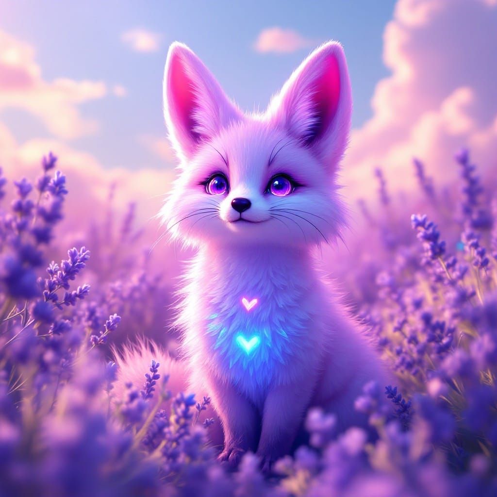 Cute neon fox sitting a field of lavender in the spring 