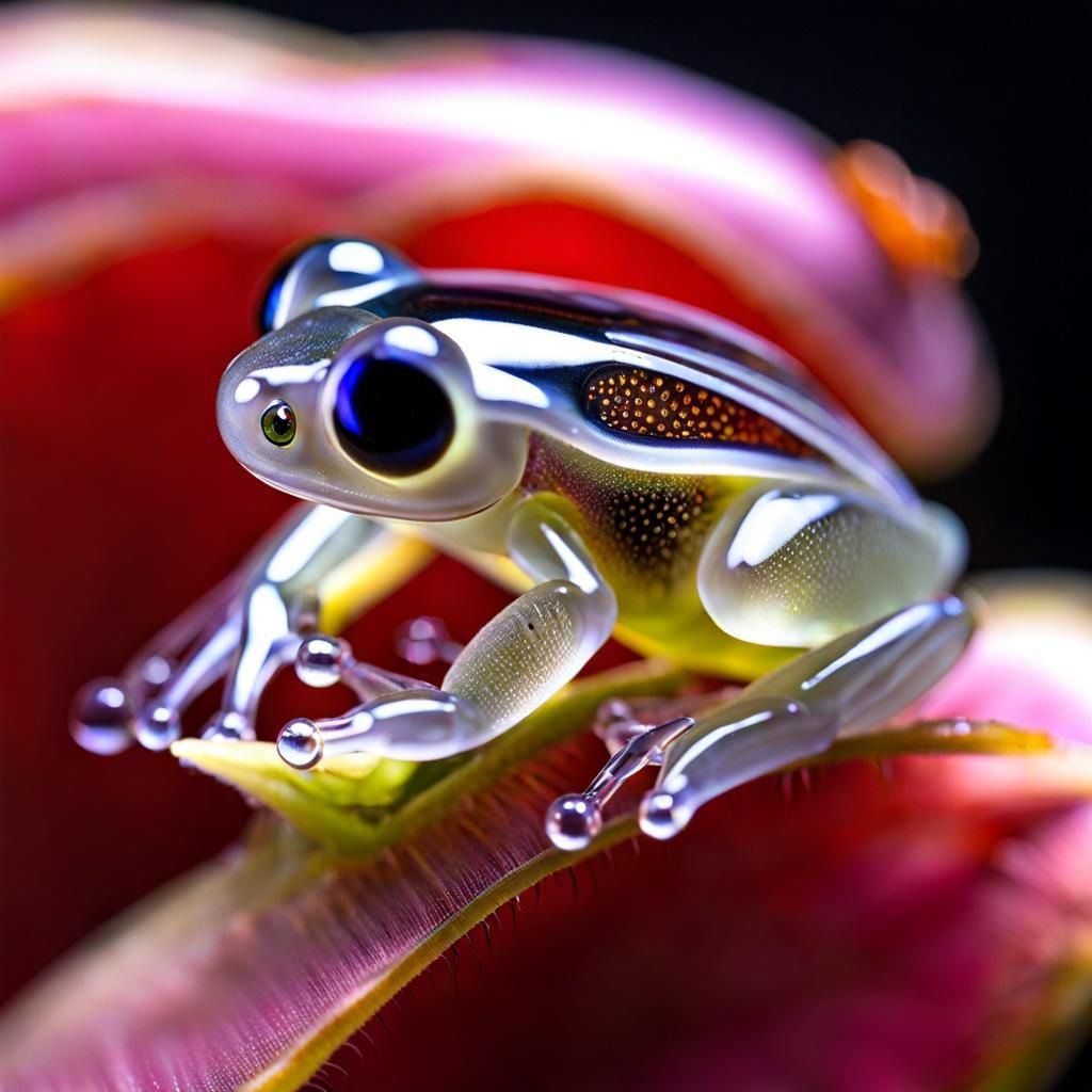 incredibly cute glass frog, hugging a glass fly, hyperdetail...