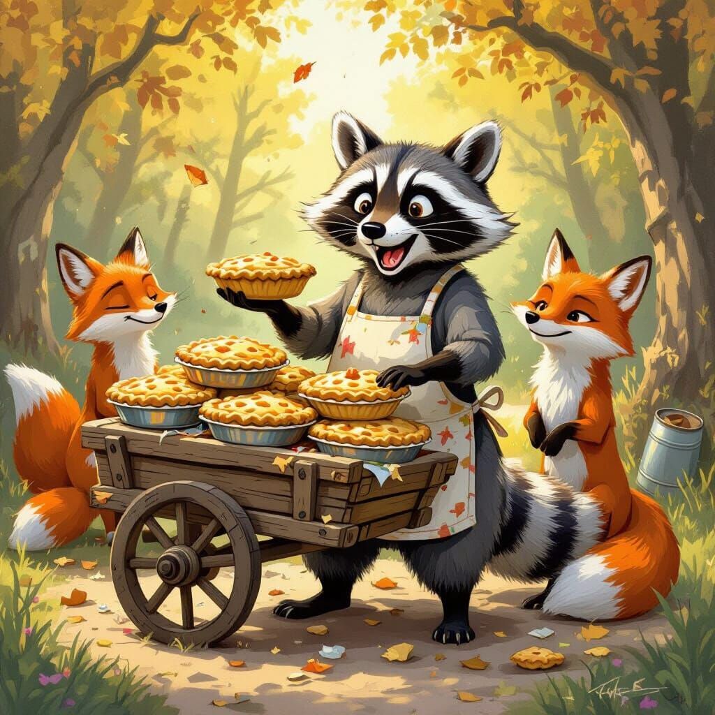 Ava the raccoon selling pies she made out of stolen  discarded food!