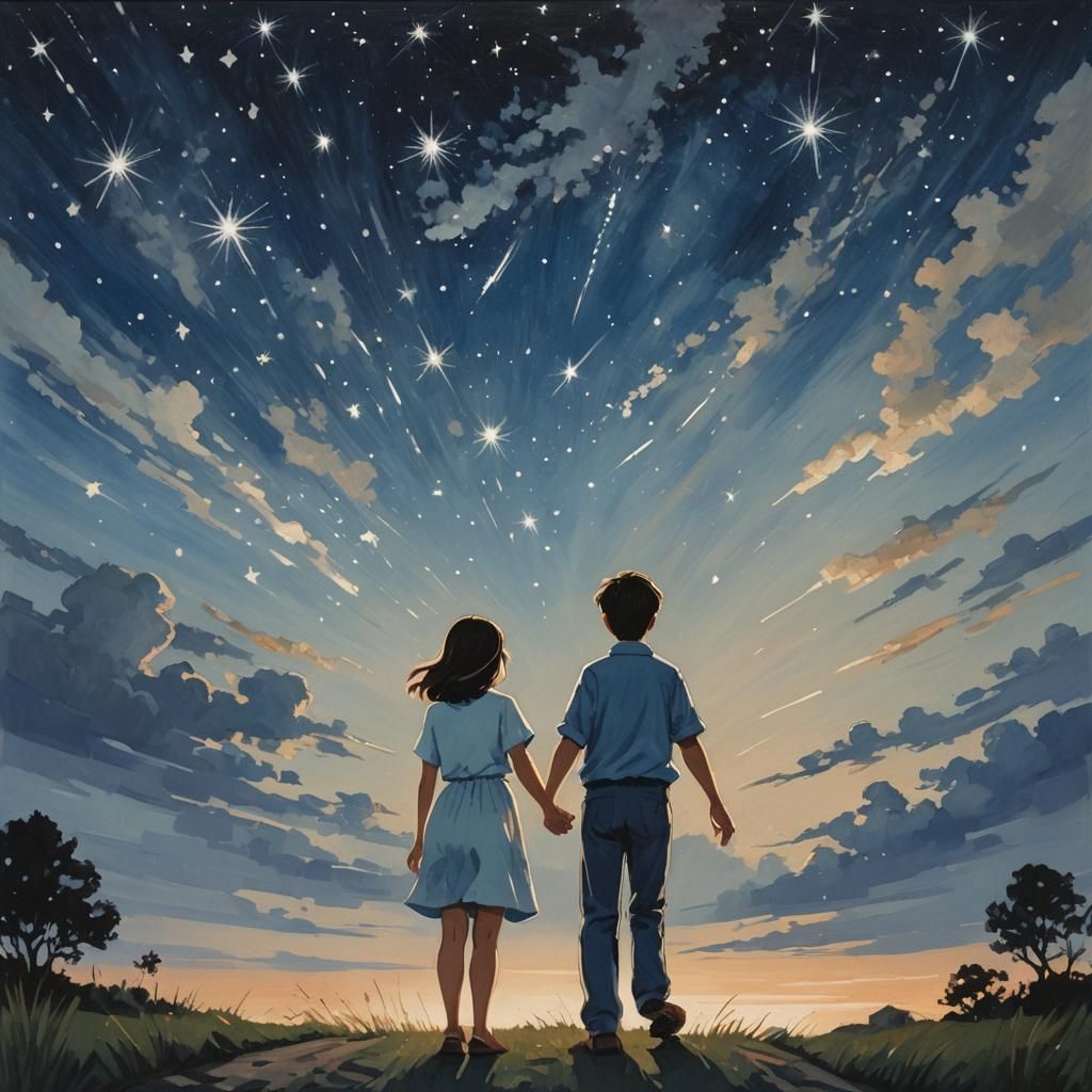 Couple Watching Shooting Stars in Blue Sky